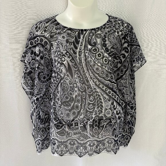 TALBOTS Navy White Sheer Polyester Portofino Paisley Poncho - Picture 1 of 4